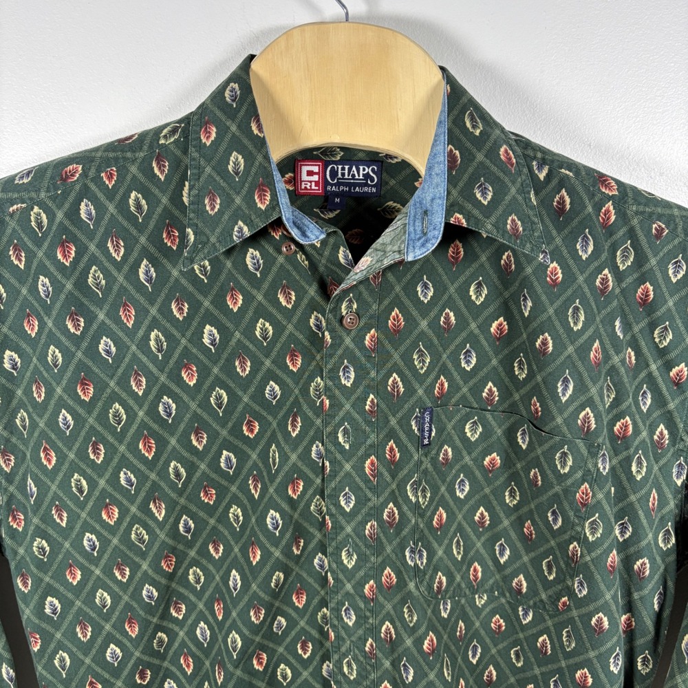 Chaps Ralph‎ Lauren Mens Green Leaf Print Button Down Shirt Long Sleeve Medium
